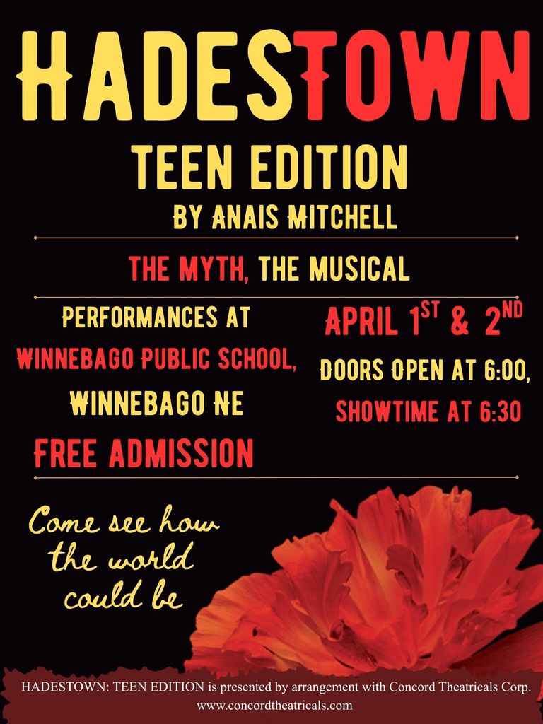 flyer for hadestown performance at WPS, showtime is 6:30pm on April 1st and April 2nd, free admission