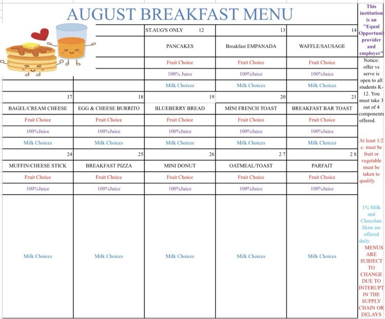 August Breakfast Menu