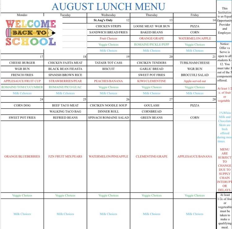 August Lunch Menu