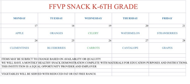 August Snack Menu