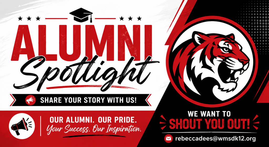 White and red background with "Alumni Spotlight" text. Red tiger head logo. "Share Your Story with Us!" "Our Alumni. Our Pride." "Your Success. Our Inspiration."