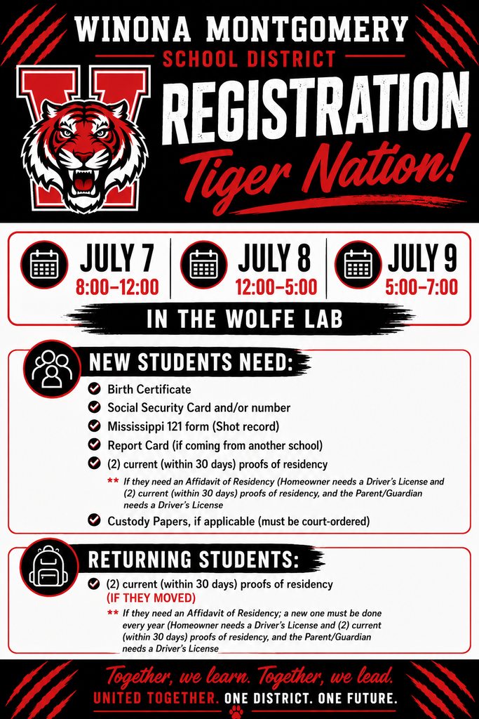 An event poster for Winona Montgomery School District's Tiger Nation registration on July 7-9. Details include required documents and hours.