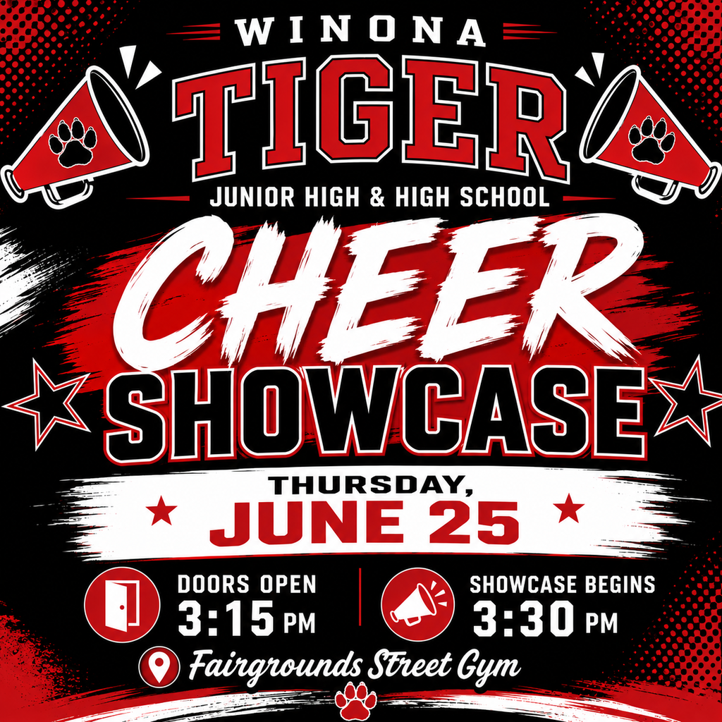 Promotional flyer for the Winona Tiger Cheer Showcase at Junior High and High School on June 25.