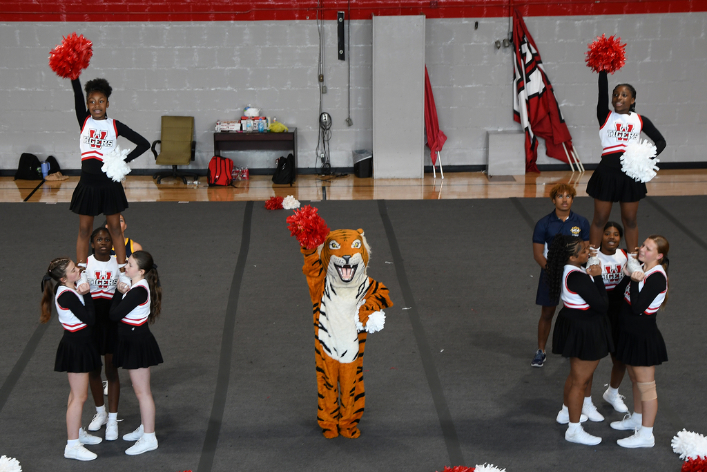Several cheerleaders in black uniforms are performing with a mascot in a gym. Some are holding pom-poms.