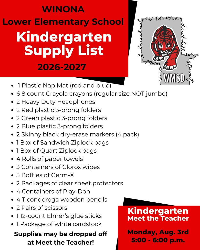 List of kindergarten supplies for 2026-2027, including crayons, pencils, and bags. Winona Lower Elementary School.