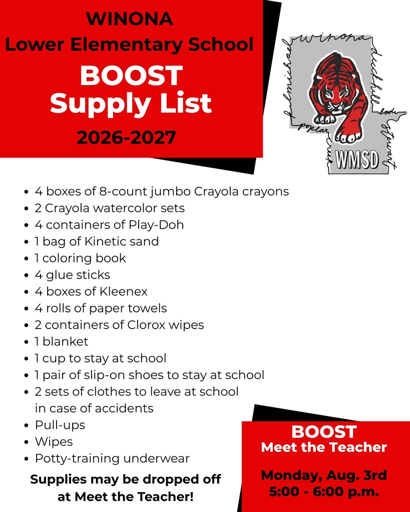 Red and black flyer for Winona Lower Elementary School. Items listed for 2026-2027 school year, including crayons, wipes, and shoes.