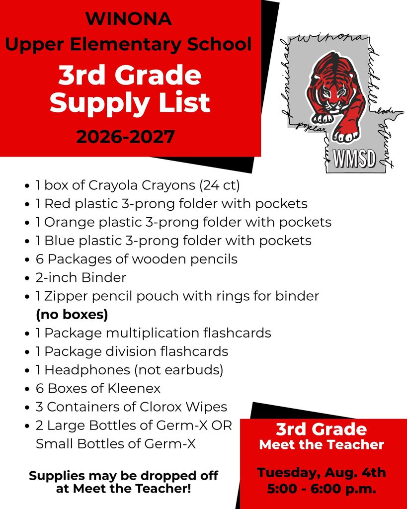 A Winona Upper Elementary School flyer lists supplies for 3rd grade students. It includes folders, pencils, binders, and more.