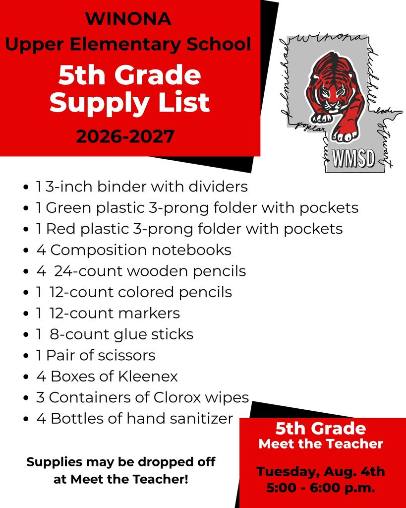Winona Upper Elementary School's 5th-grade supply list includes folders, notebooks, pencils, markers, glue sticks, scissors, and hygiene items.