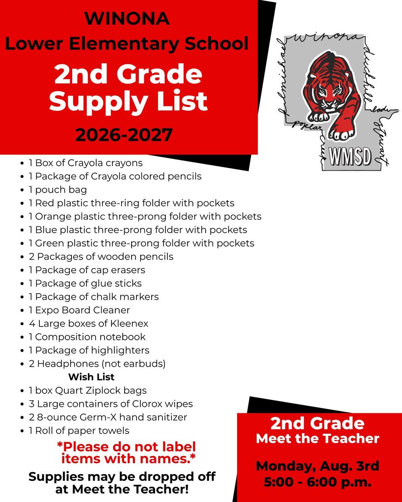 Winona Lower Elementary School displays a list of 2nd-grade supplies for 2026-2027, including crayons, pencils, folders, and more.