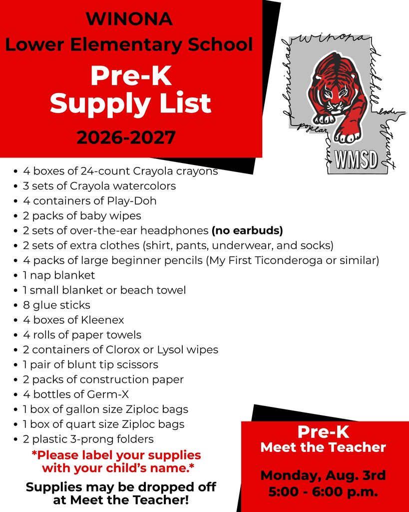 School flyer for Winona Lower Elementary School, listing pre-K supplies for 2026-2027, including crayons, watercolors, and other items.