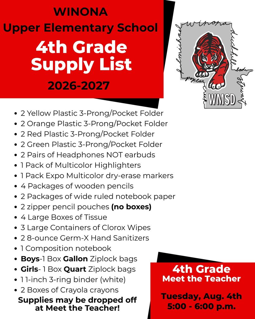 A Winona Upper Elementary School flyer for the 2026-2027 school year lists fourth grade supplies.