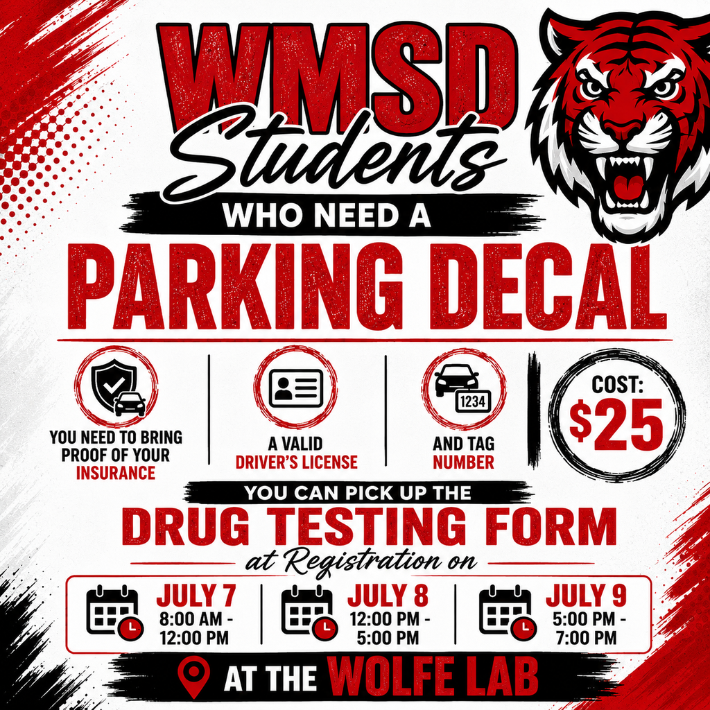 Red and black background with bold white text. A tiger head appears in the top right. Details for parking decals and drug testing.