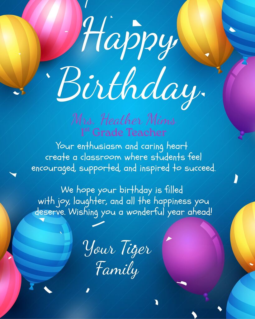 Brightly colored balloons, confetti, and a blue background. A message reads, "Happy Birthday" and "Your Tiger Family" with text below.