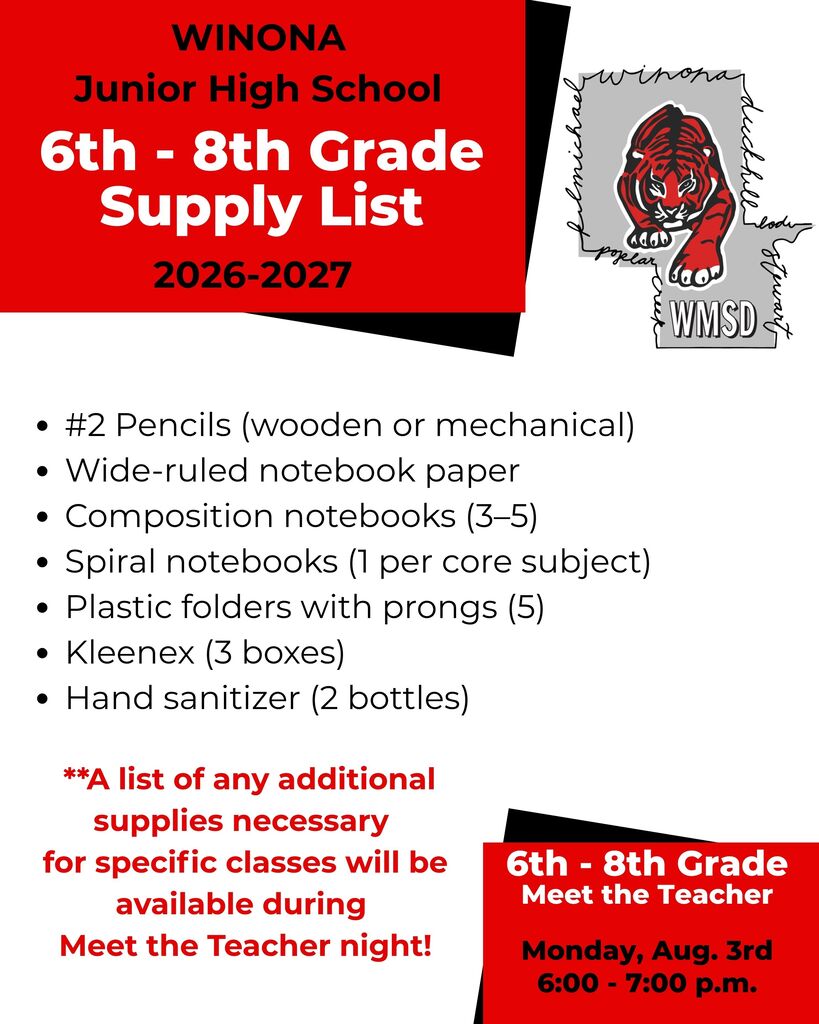 Red and black Winona Junior High School flyer for 6th to 8th grade supply list 2026-2027, includes pencils, notebooks, folders, Kleenex, and hand sanitizer.