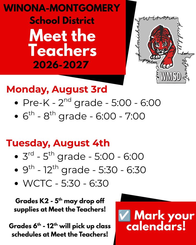 Red and white flyer with "Meet the Teachers" and dates for Winona-Montgomery School District. Schedules listed.