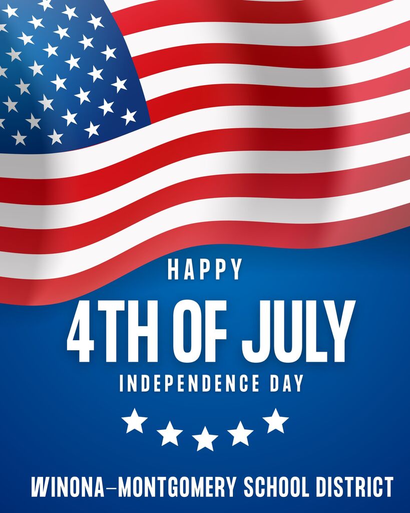 A poster displays a waving flag. The flag has white stars on a blue field and red and white stripes.