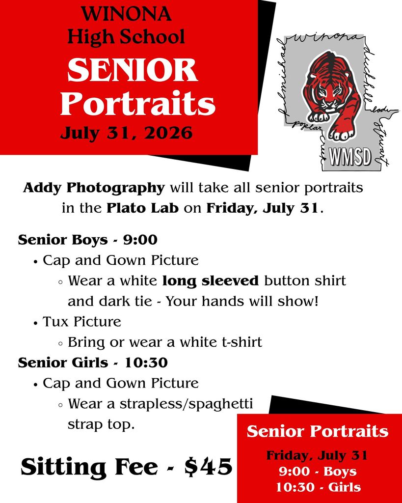 Announcement for Winona High School Senior Portraits on July 31, 2026. Senior boys' photos at 9:00 am, senior girls' at 10:30 am.
