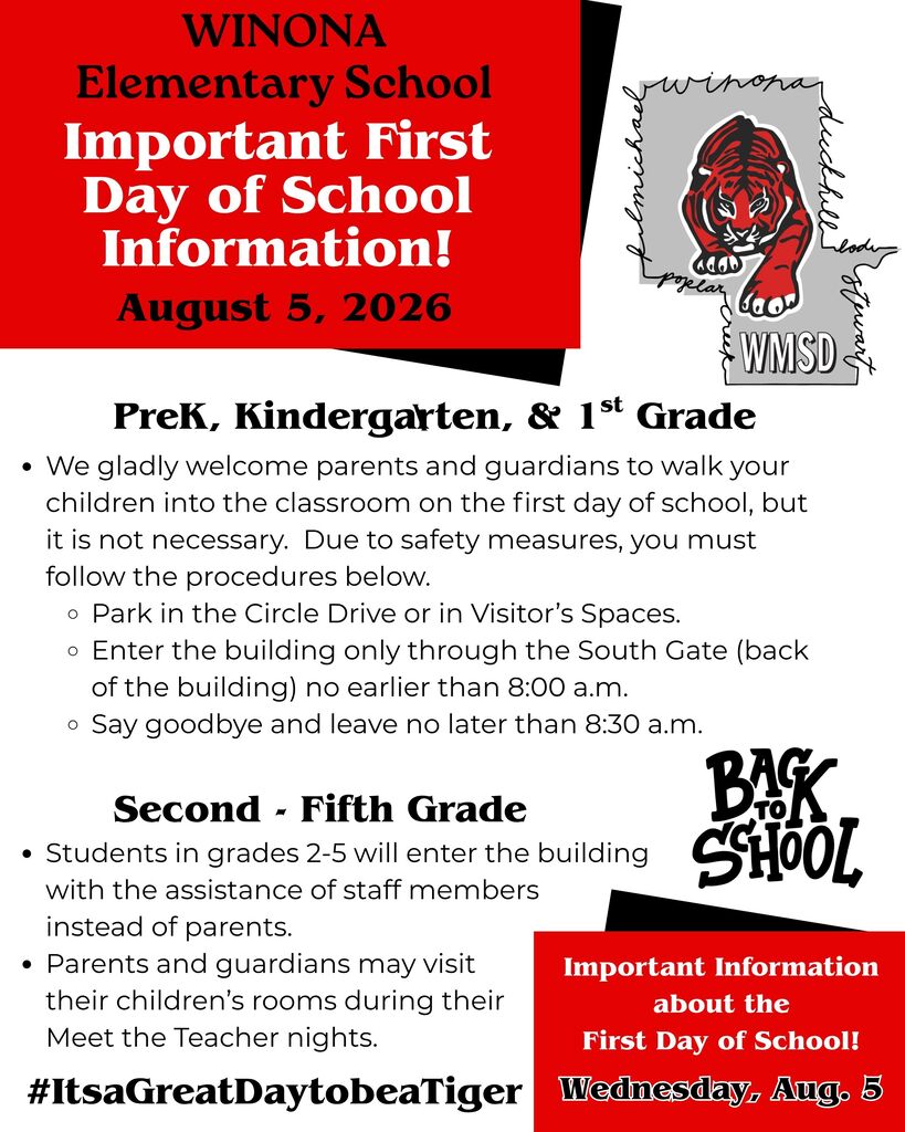 Poster with red and white text. It contains Winona Elementary School's first day of school information for August 5, 2026.