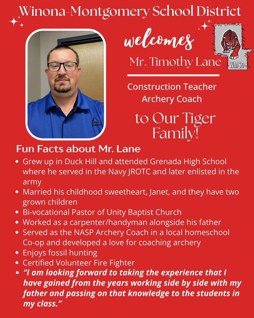A red poster welcomes Mr. Timothy Lane, a construction teacher and archery coach, with an image of him wearing glasses.