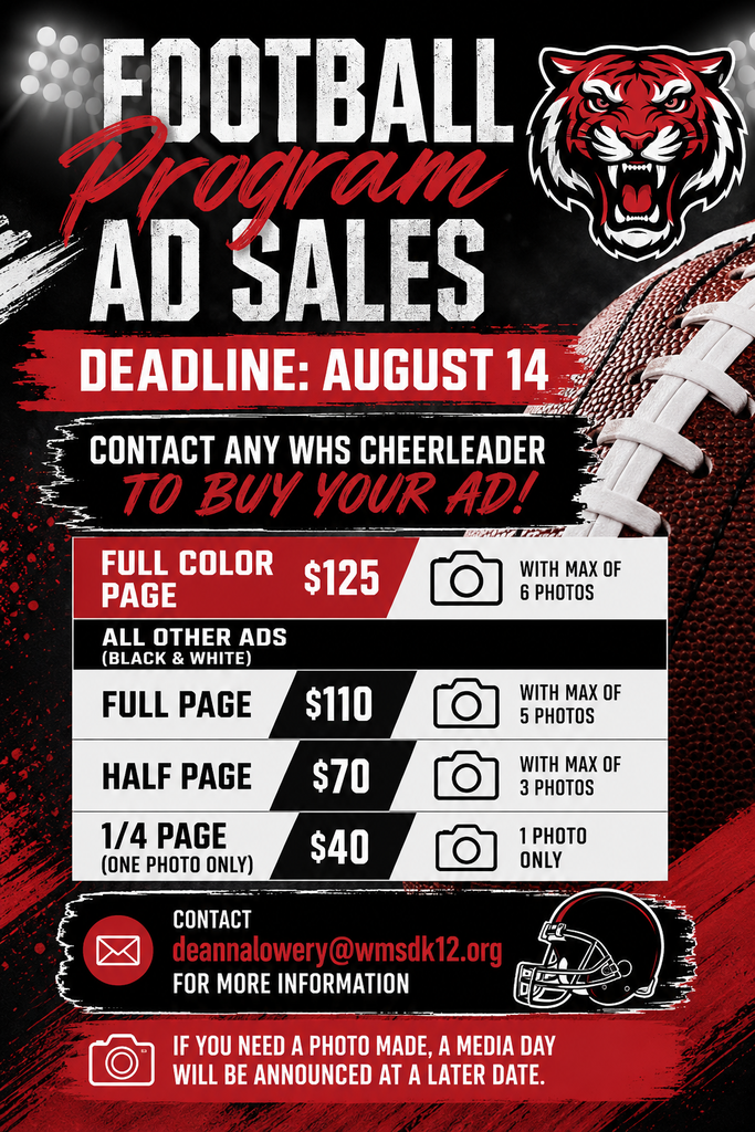 Advertisement for football program ad sales with price options. A red tiger logo and football graphic are on a red and black background.