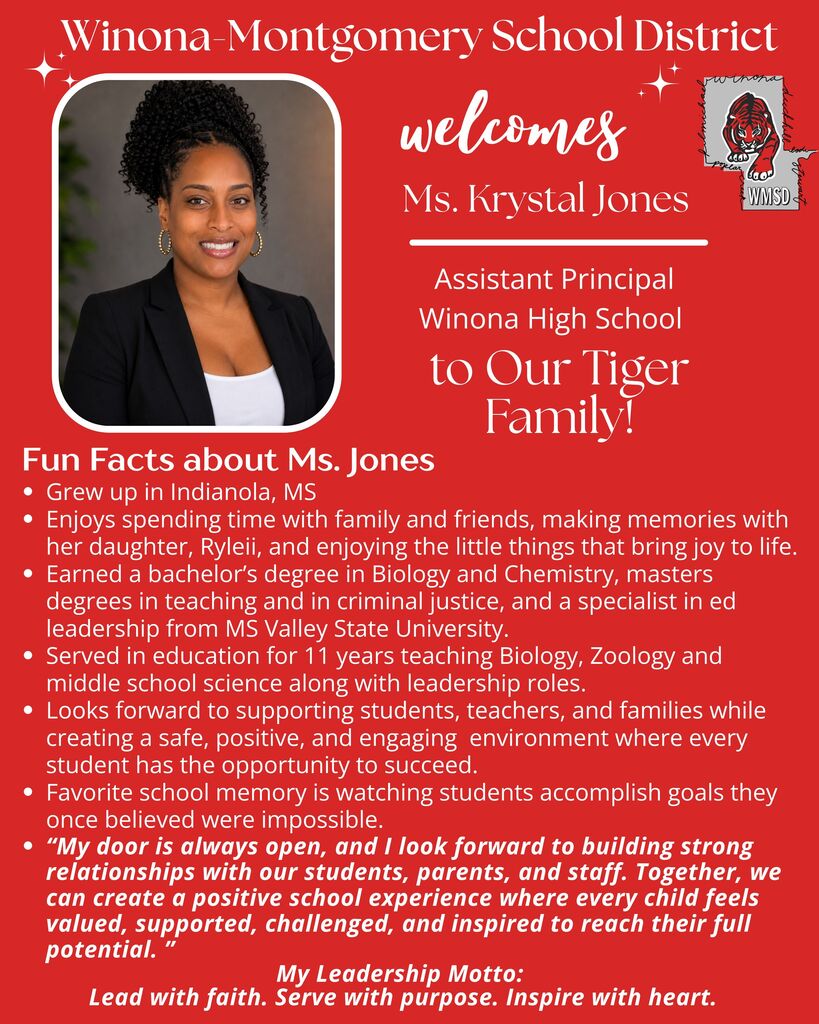 An announcement poster welcomes Ms. Krystal Jones as the Assistant Principal. It includes a photo of her, her background, and her goals.