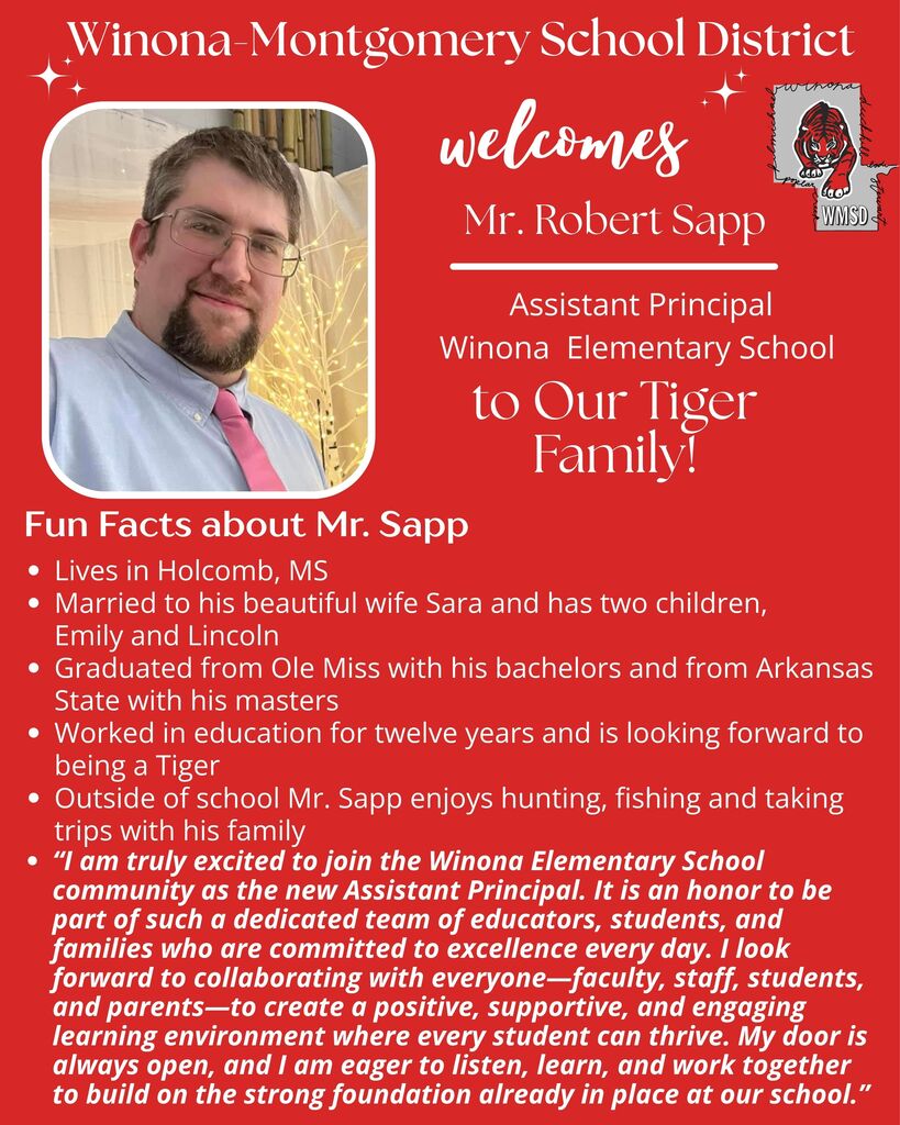 A poster welcomes Mr. Robert Sapp, Assistant Principal at Winona Elementary School. Photo shows a man with a beard and glasses. Details include his residence, family, education, and hobbies.