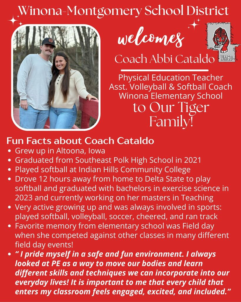 A red poster introduces Coach Abbi Cataldo, a physical education teacher and volleyball/softball coach. It features a photo of a man and a woman.