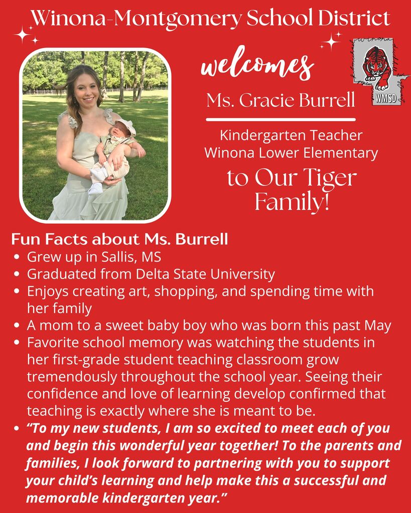 A poster welcomes Ms. Gracie Burrell, a kindergarten teacher at Winona Lower Elementary, with a photo of her holding a baby.