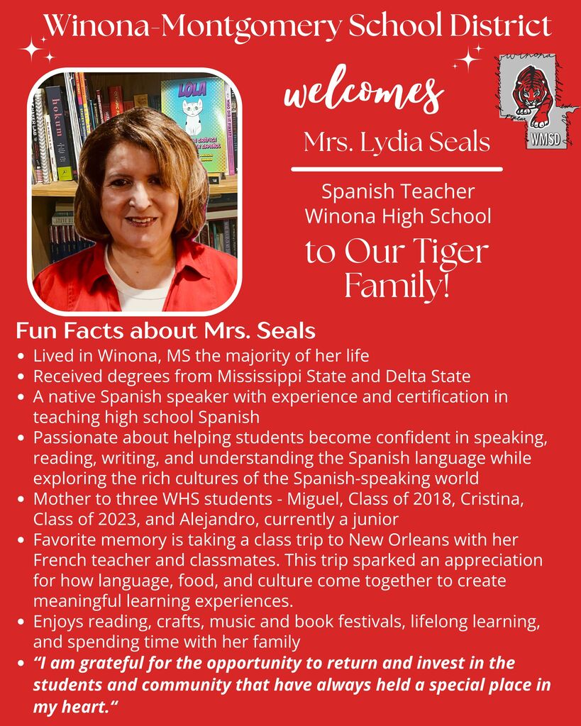 Red background with a smiling woman in a red blazer. Text reads: "Welcomes Mrs. Lydia Seals, Spanish Teacher, Winona High School."