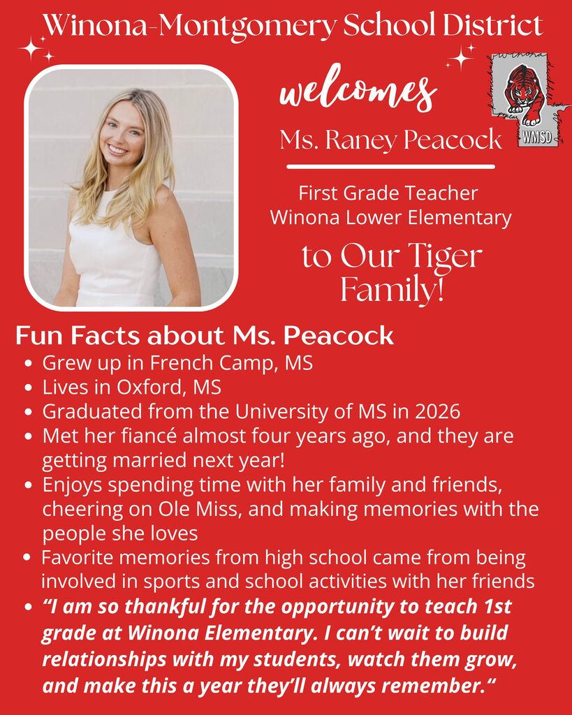 Red poster introduces Ms. Raney Peacock, a Winona Lower Elementary teacher. It features a photo of her, along with her fun facts.