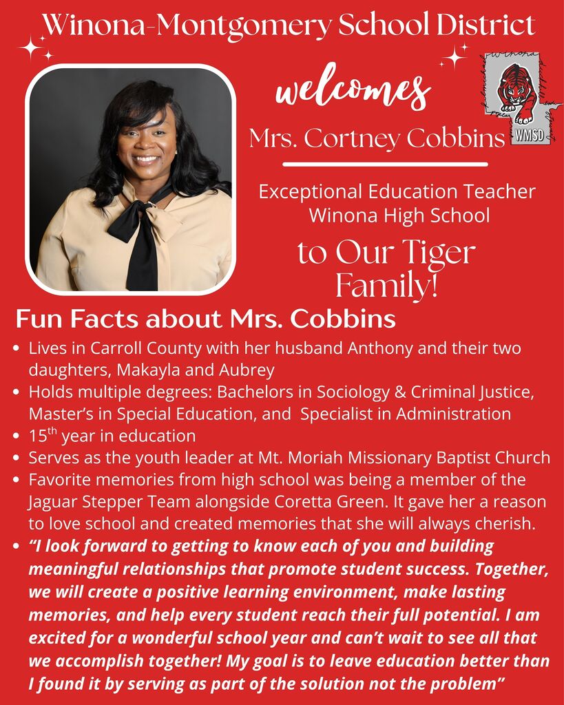 A poster welcomes Mrs. Cortney Cobbins, a teacher, to Winona-Montgomery School District. She has a cheerful expression.