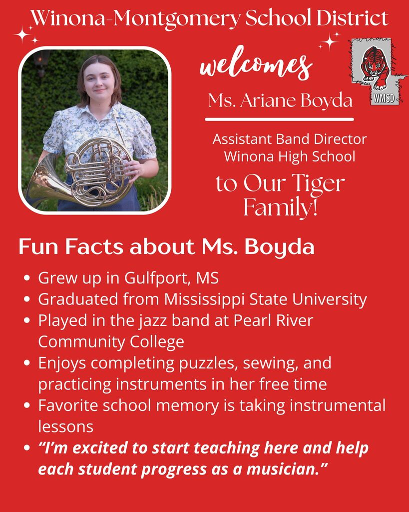 An advertisement with a red background features a woman holding a French horn, her quote, and her biography.