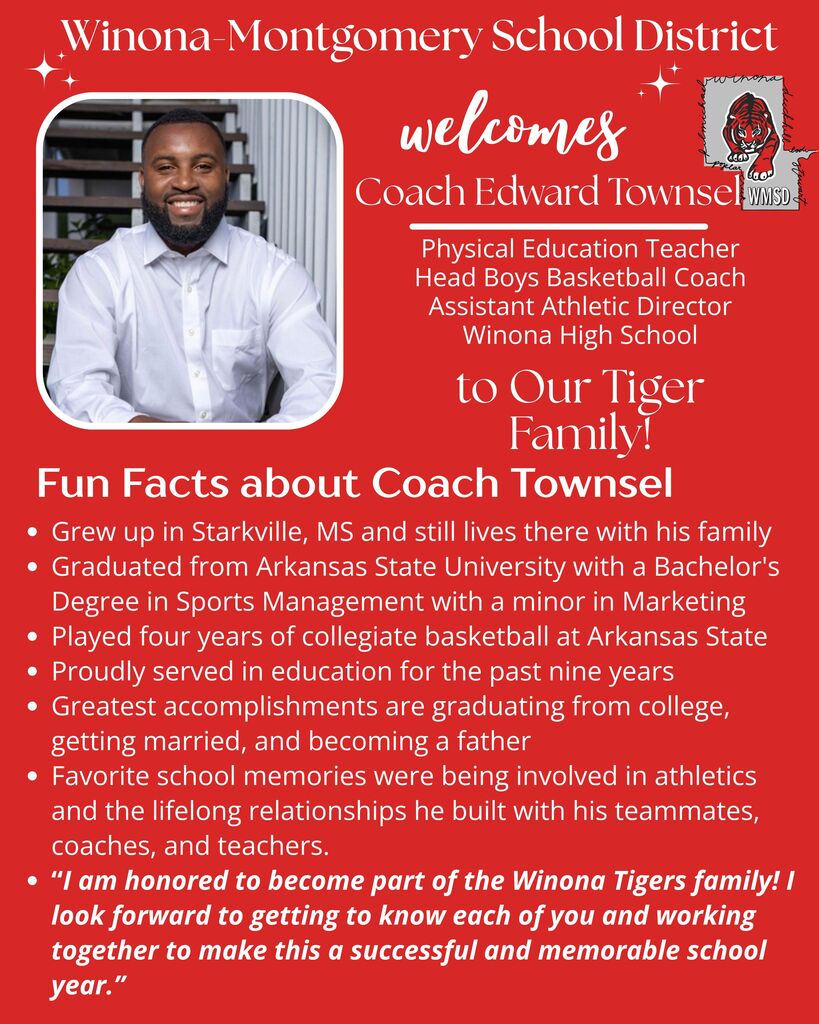 Red background with a man's photo. Text includes "Welcomes Coach Edward Townsel" and details of his role. Information highlights his life and achievements.