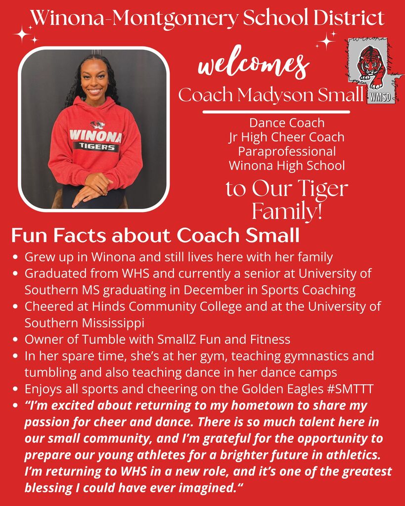 Poster showing Coach Madyson Small with her bio. She is from Winona and teaches dance.