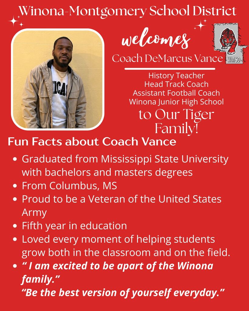 Red background with a man's image, text reads "Welcomes Coach DeMarcus Vance, History Teacher, Head Track Coach, Assistant Football Coach, Winona Junior High School."