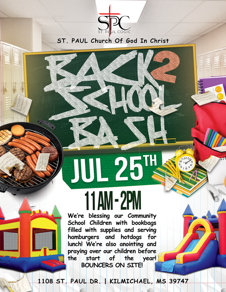 An advertisement for a community event at St. Paul Church. It includes a chalkboard, food, and fun items like a bouncy castle.