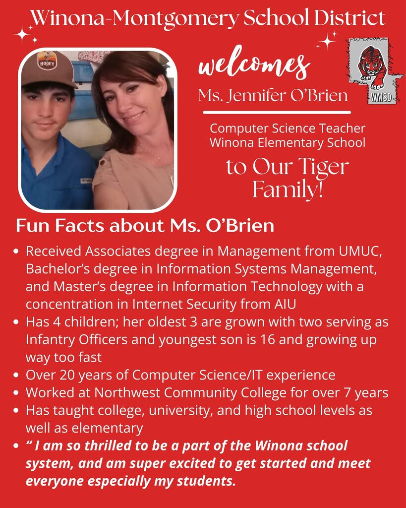 A poster displays a woman and man in photos, text, and fun facts about Ms. O'Brien, a computer science teacher.