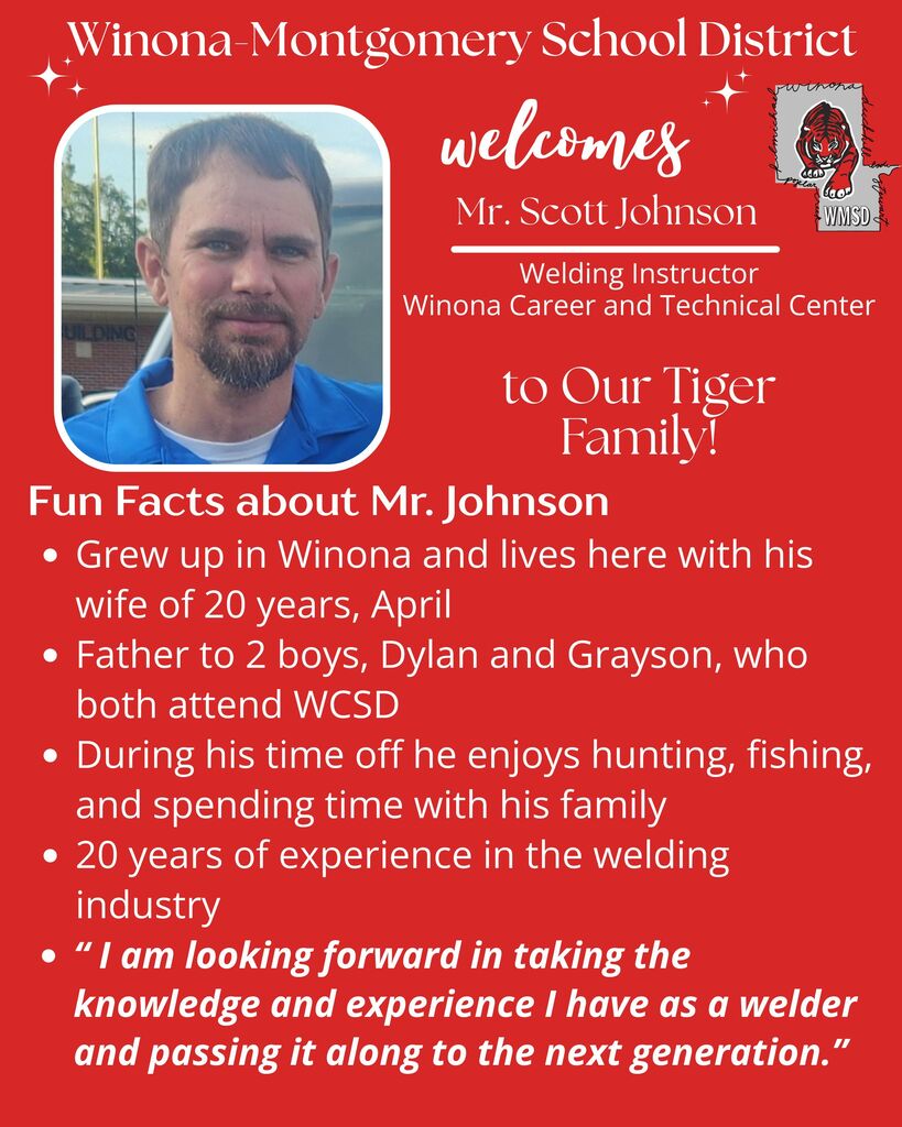 A poster welcomes Mr. Scott Johnson, a welding instructor, with his picture, highlighting his personal and professional details.