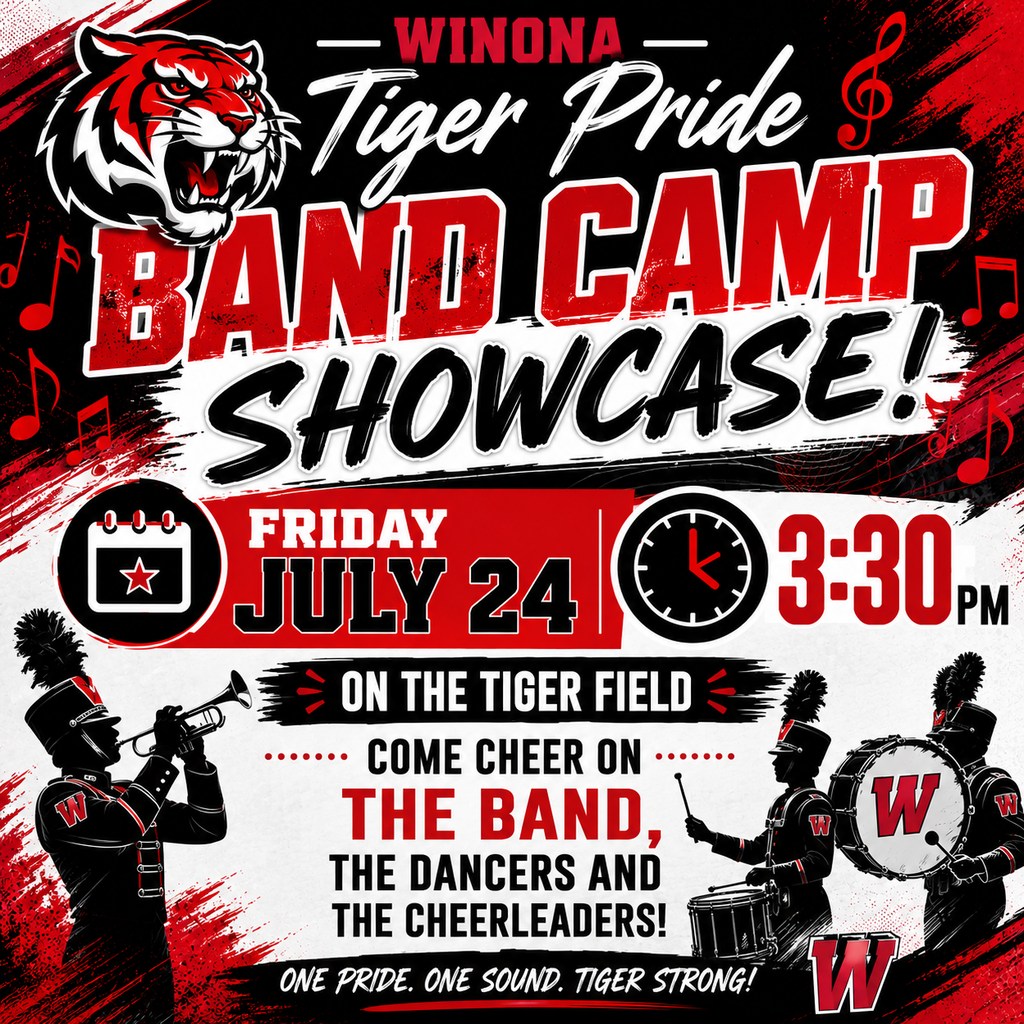 An advertisement for a Winona Tiger Pride Band Camp Showcase on July 24 at 3:30 PM.