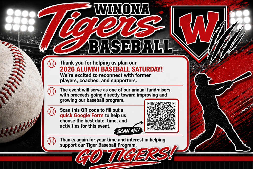 Winona Tigers Baseball poster features a baseball, bat, and player silhouette. Text invites alumni to a 2028 event. Bright lights in the background.