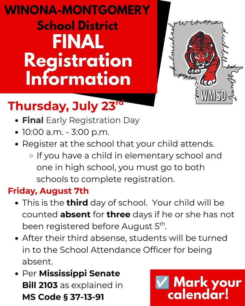 An informational flyer with a red and black background displays details about the Winona-Montgomery School District's final registration.