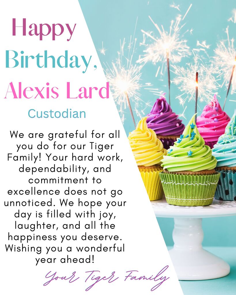 Blue background with birthday message for Alexis. Colorful cupcakes with fireworks. Text in cursive font at the bottom.