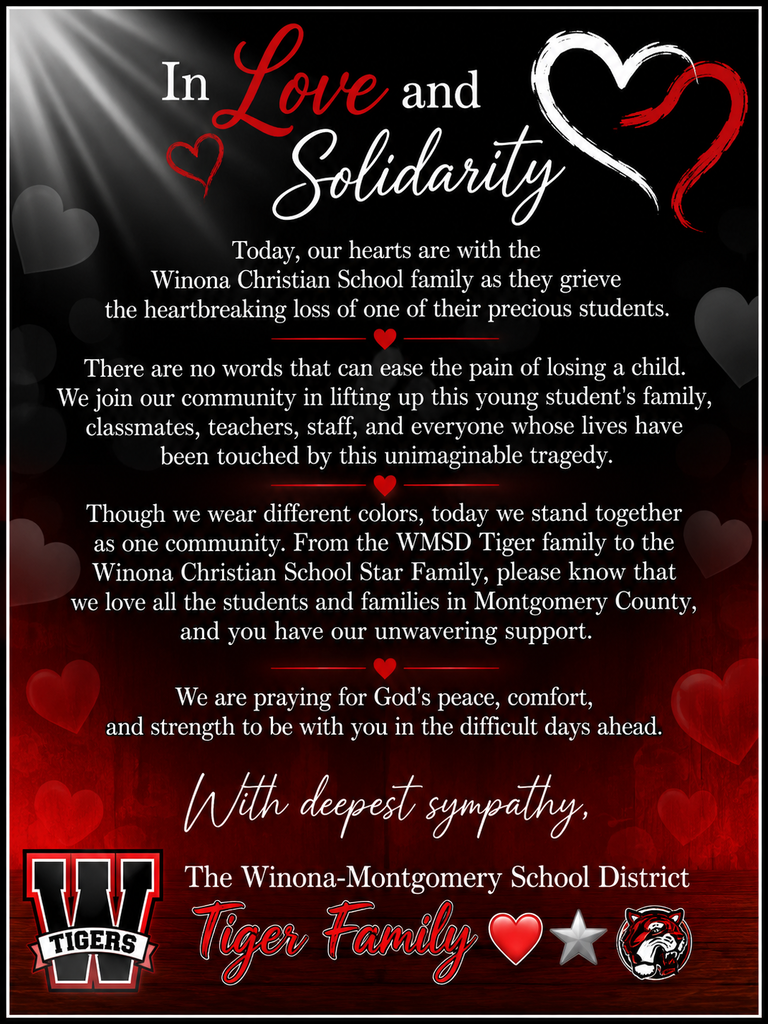 A red and black poster reads "In Love and Solidarity" with a heart graphic. It expresses sympathy for a Winona Christian School family.