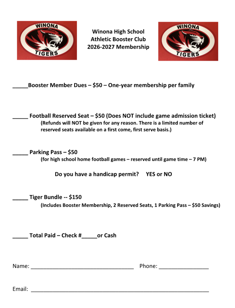 Document listing Winona High School Athletic Booster Club membership options and costs for 2022-2023.