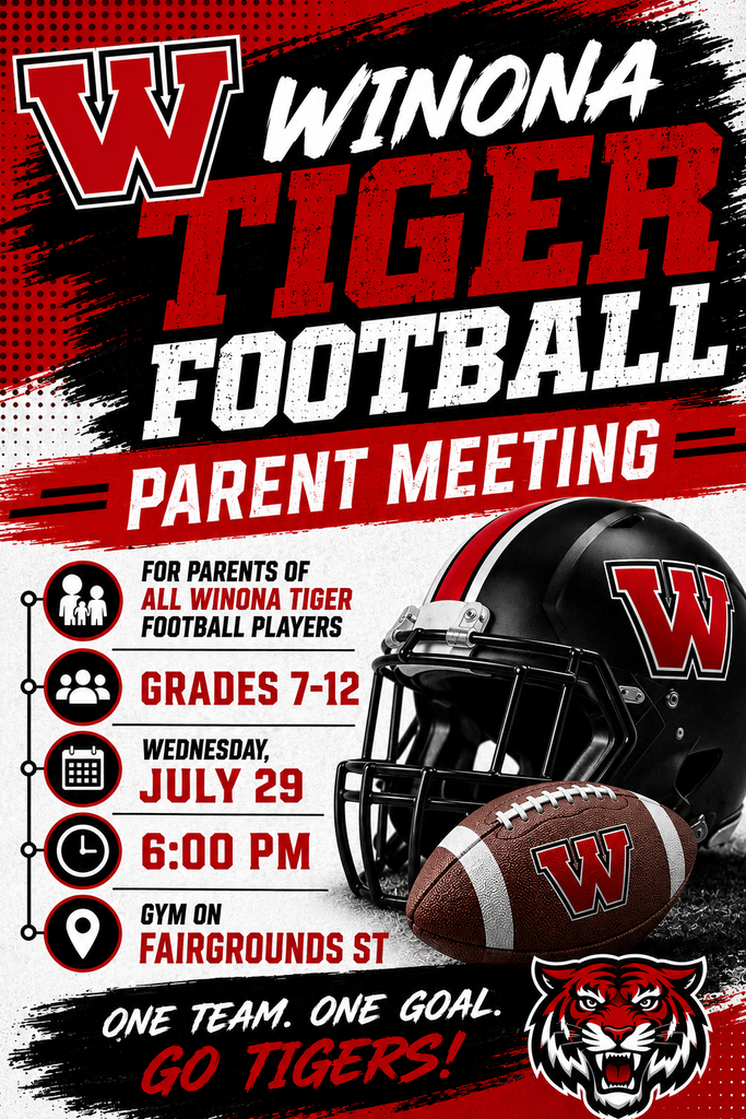 A flyer for the Winona Tiger Football Parent Meeting. It shows a helmet and football, dates, and a tiger.