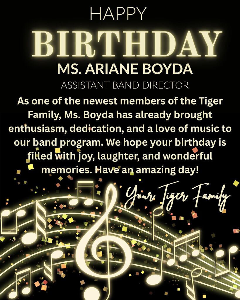 A birthday message for Ms. Ariane Boyda, Assistant Band Director, with musical notes and celebratory text on a black background.