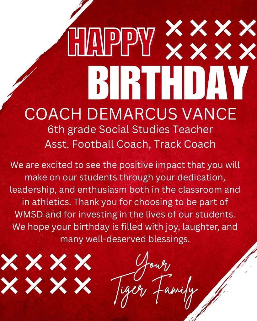 A birthday card reads "HAPPY BIRTHDAY COACH DEMARCUS VANCE" with a red background. It includes a message of gratitude and well wishes.