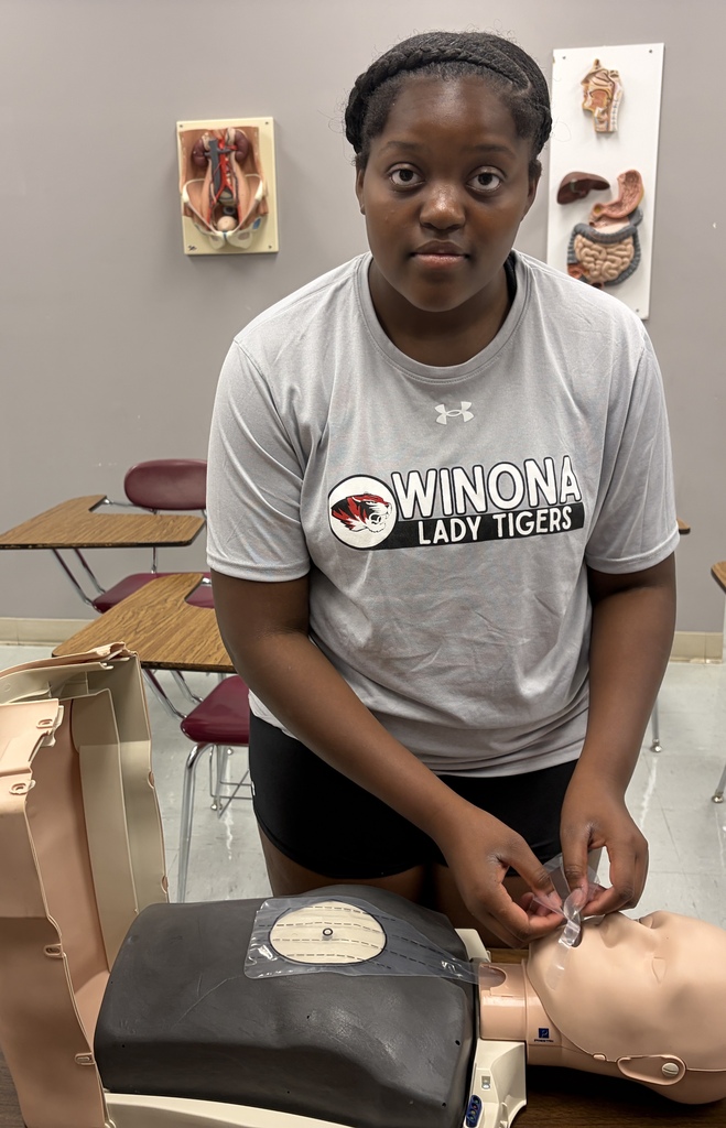 A girl in a gray T-shirt with "Winona Lady Tigers" on it practices CPR on a mannequin.