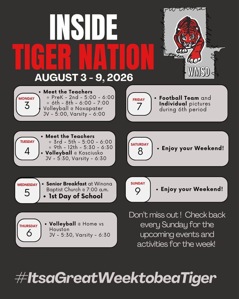 A poster with "Inside Tiger Nation" in bold red. Dates August 3-9, 2026, are listed. Days 3-9 show events. Background is black.
