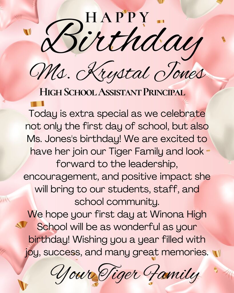 A pink and white birthday card for Ms. Krystal Jones, High School Assistant Principal, celebrating her birthday.